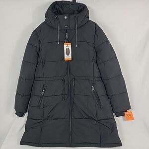 DKNY Women's Puffer Parka Jacket Black Zip Front Hooded Adjustable Waist Sz XXL